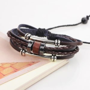 Handmade PU Leather Bracelet Brown Tribal Beads Bohemian LB-005